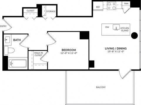 A floor plan of a home with a living room, dining room, bedroom, bathroom, and balcony.